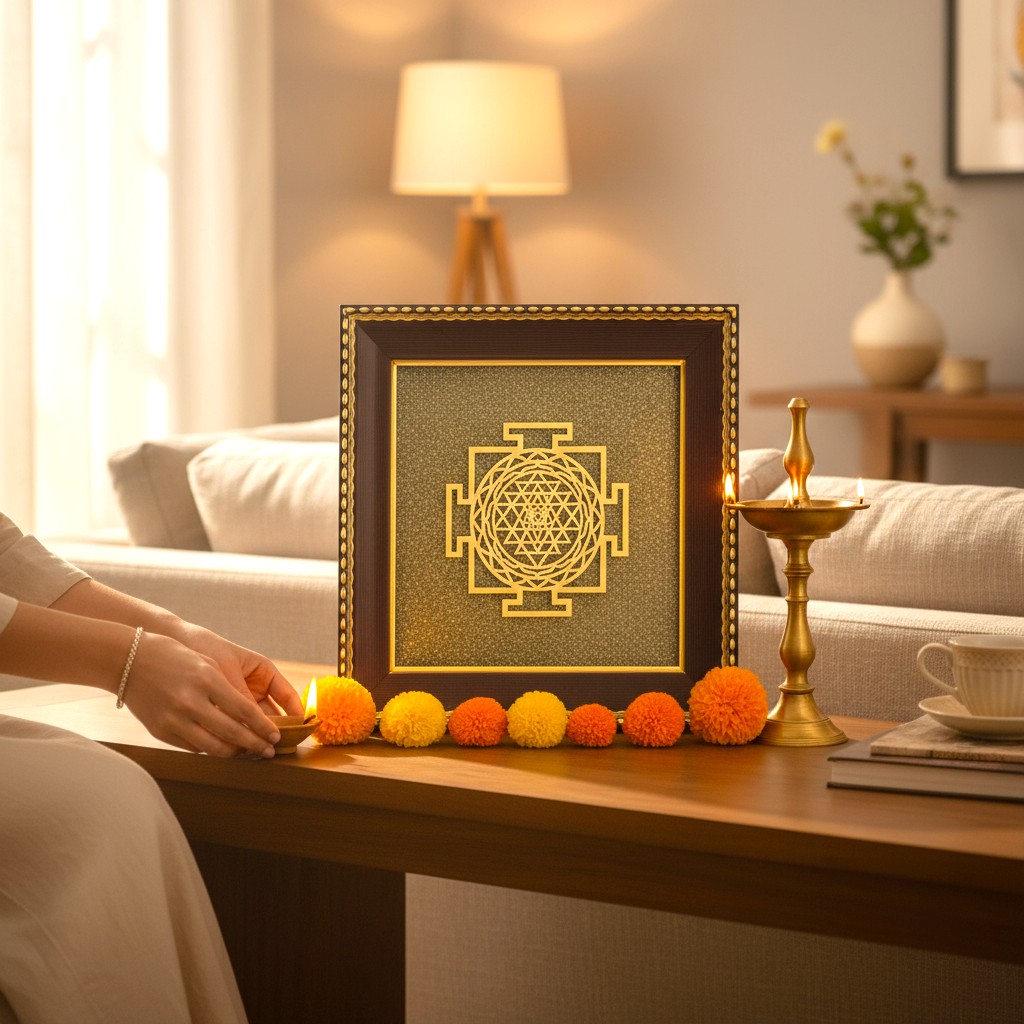 SHREE YANTARA FARME (1) Shree Yantra on Raw Pyrite Frame - Image 1